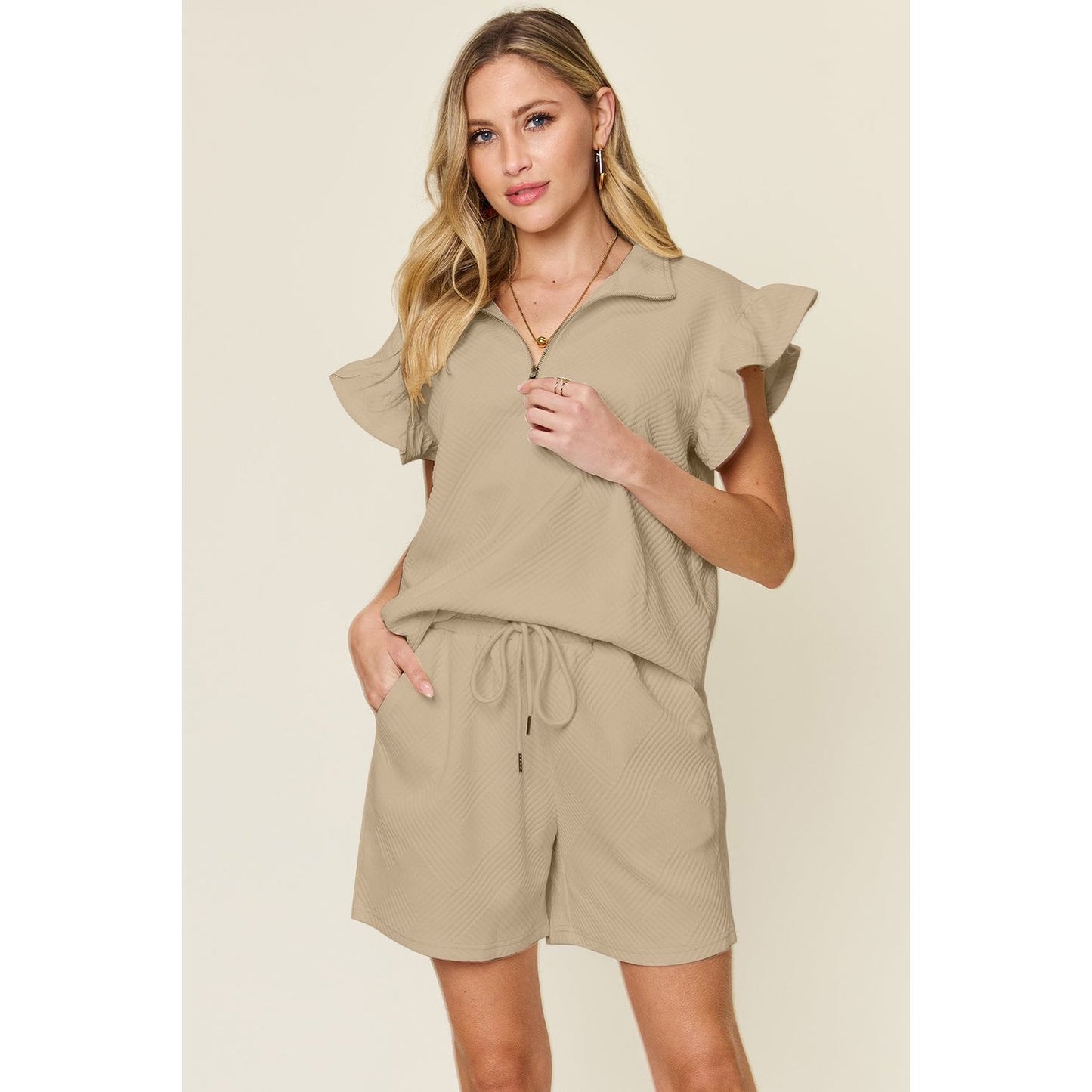 Double Take Full Size Texture Flounce Sleeve Top and Drawstring Shorts Set