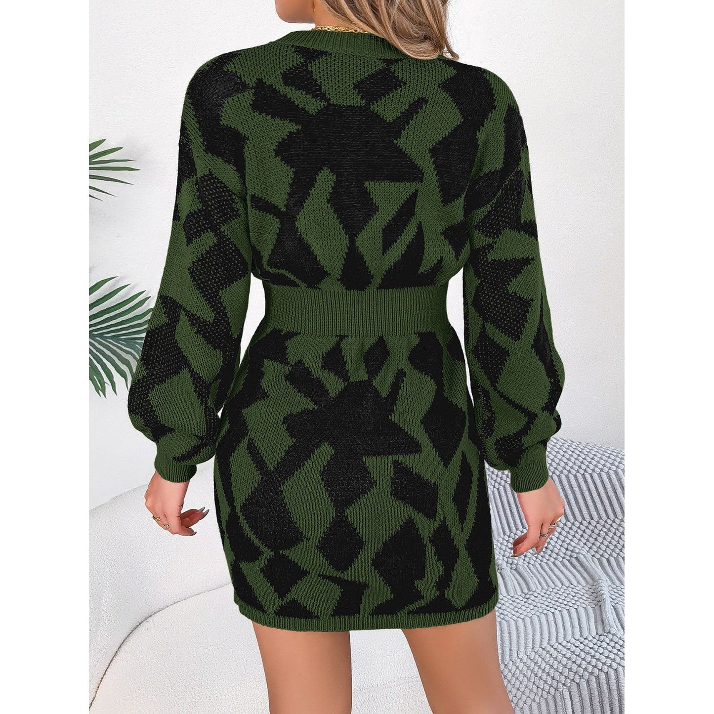 Contrast Round Neck Cutout Long Sleeve Mini Sweater Dress