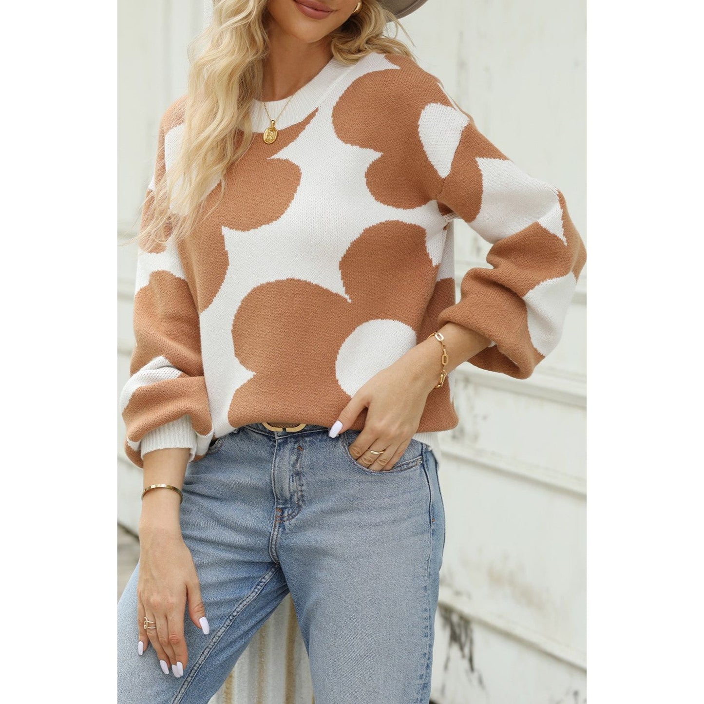 Flower Round Neck Dropped Shoulder Sweater