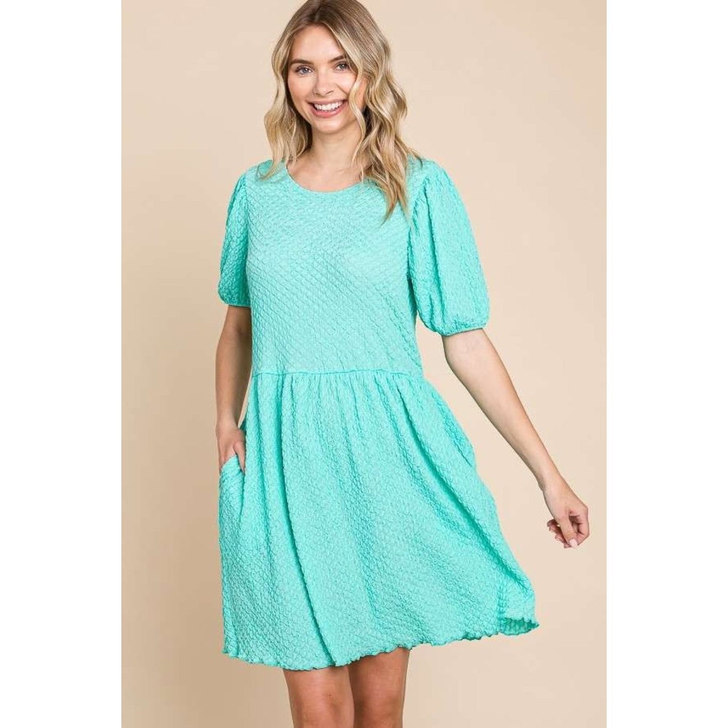 Culture Code Full Size Textured Round Neck Puff Sleeve Dress