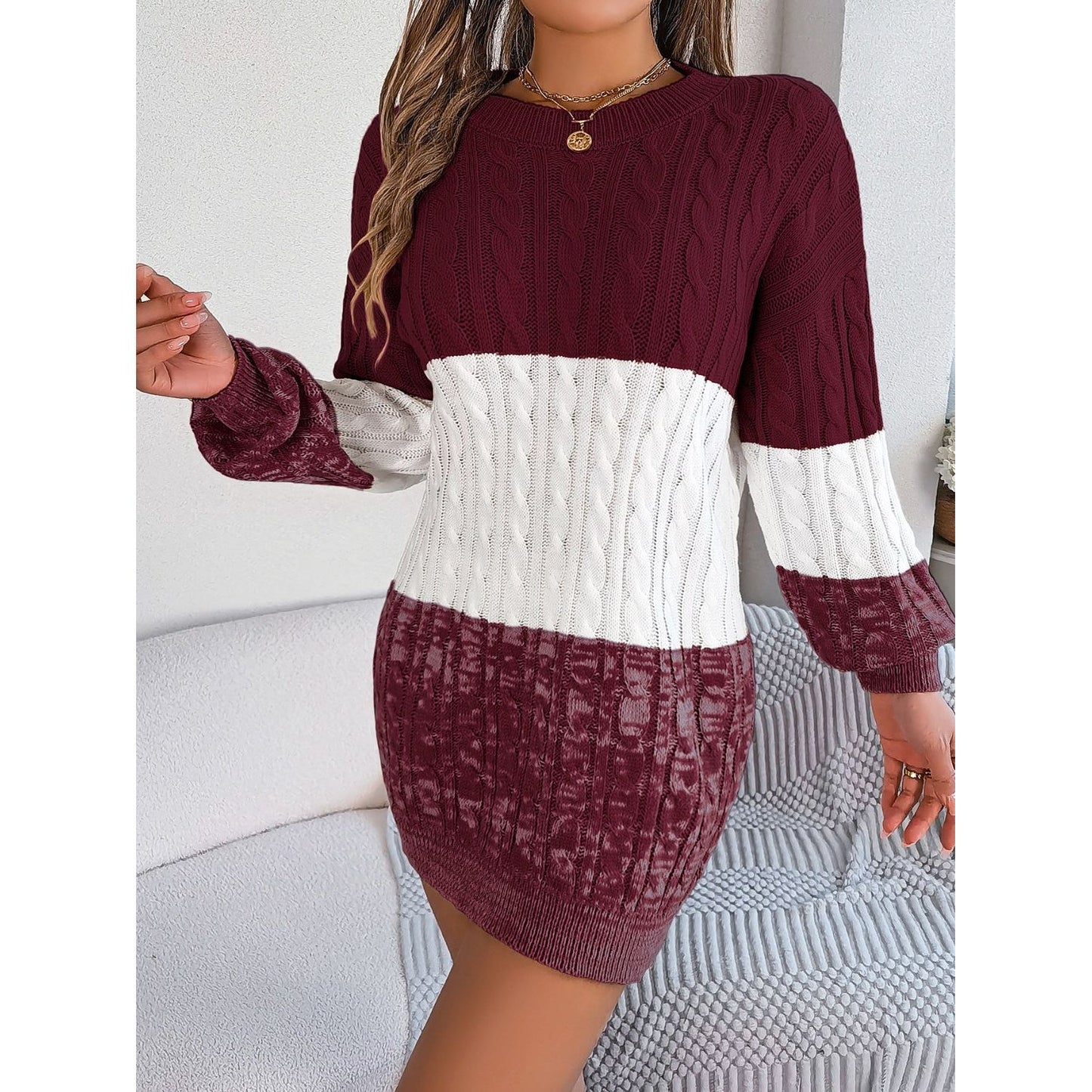 Cable-Knit Round Neck Color Block Sweater Dress