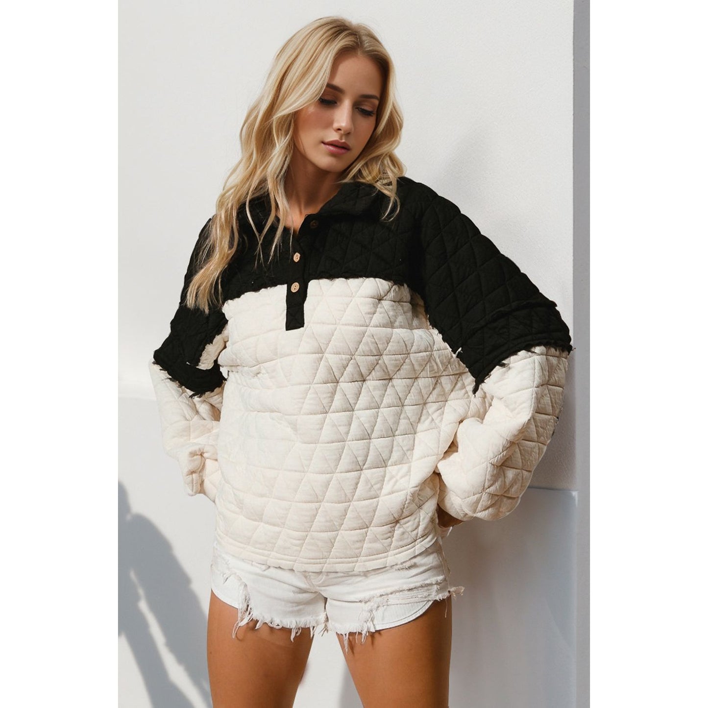 Double Take Quarter Button Contrast Long Sleeve Quilted Sweatshirt