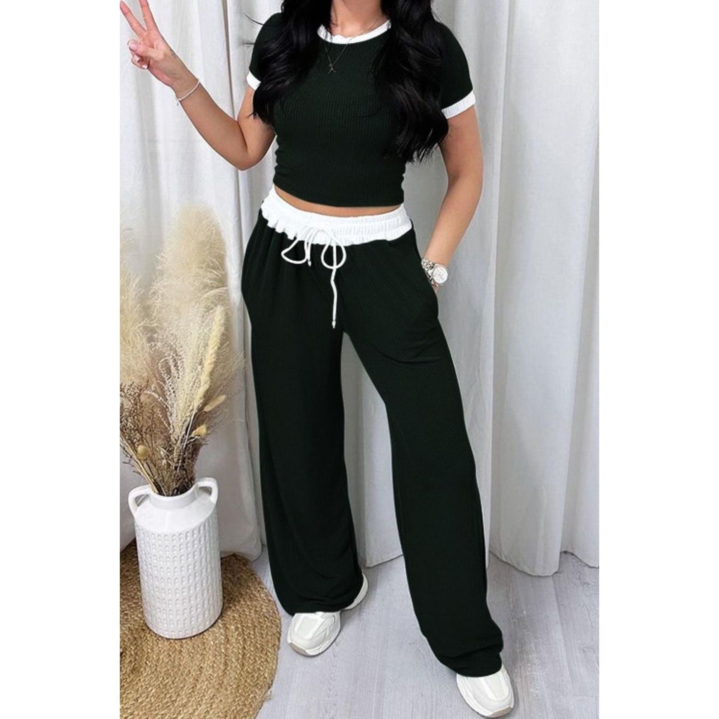 Contrast Trim Round Neck Top and Pants Set