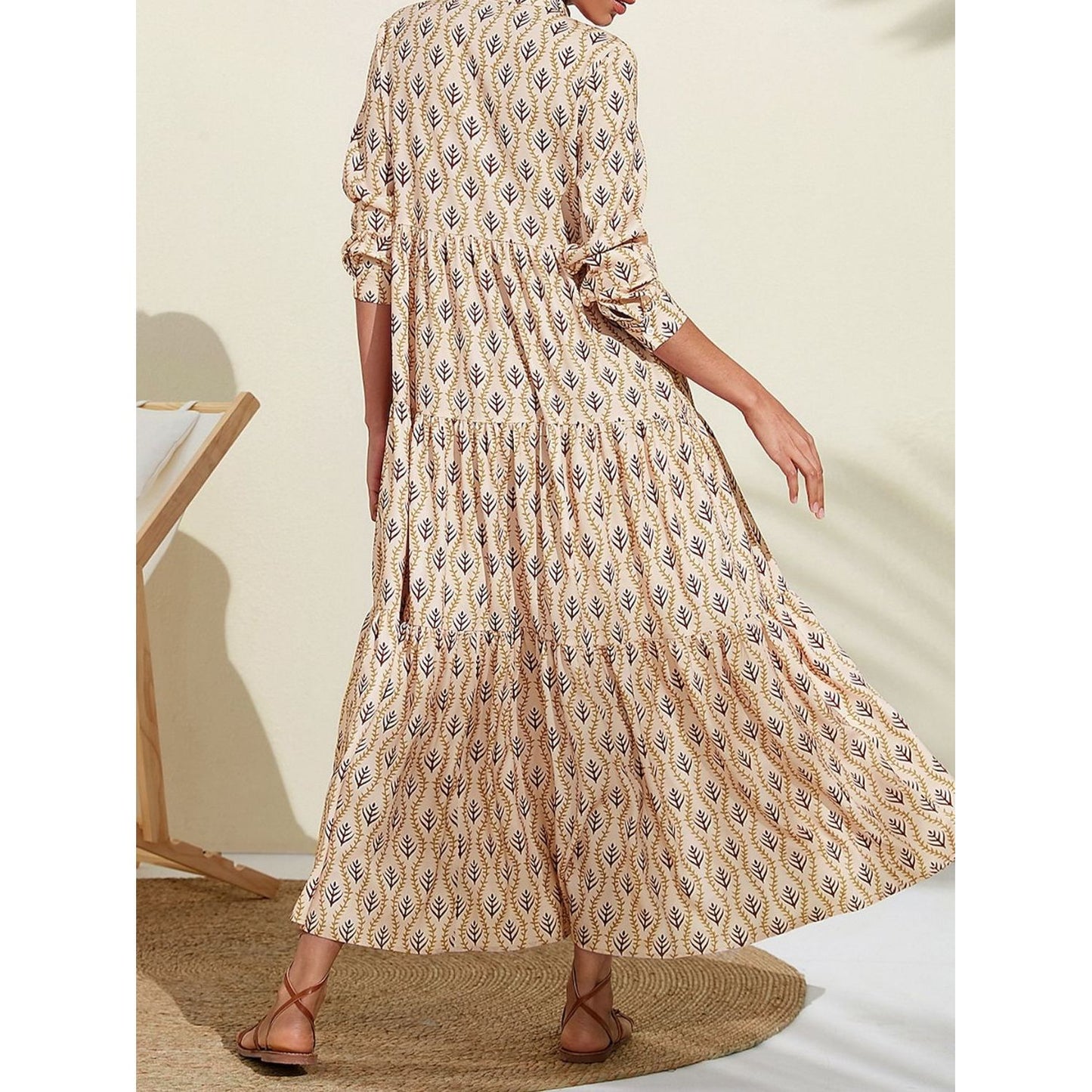 Printed Notched Long Sleeve Midi Dress