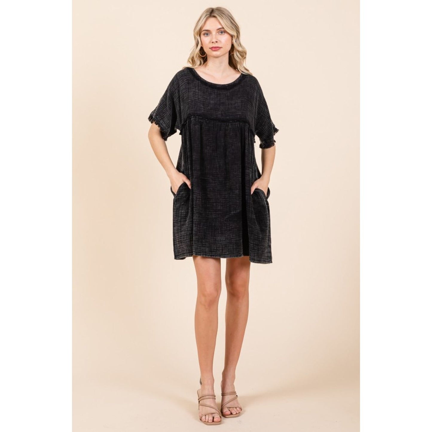 Culture Code Full Size Short Sleeve Babydoll Texture Dress with Pockets