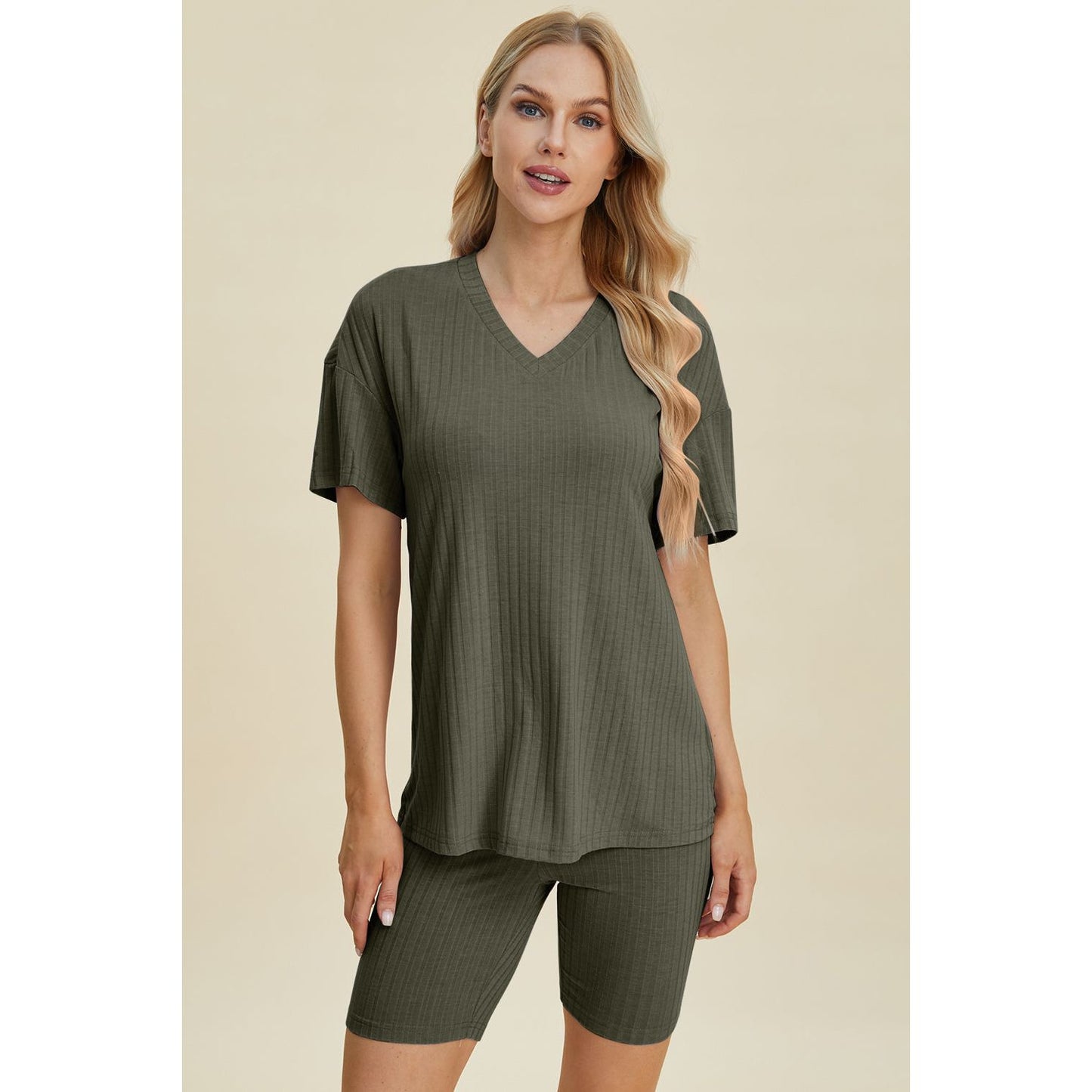 Basic Bae Full Size Ribbed V-Neck Short Sleeve Top and Shorts Set