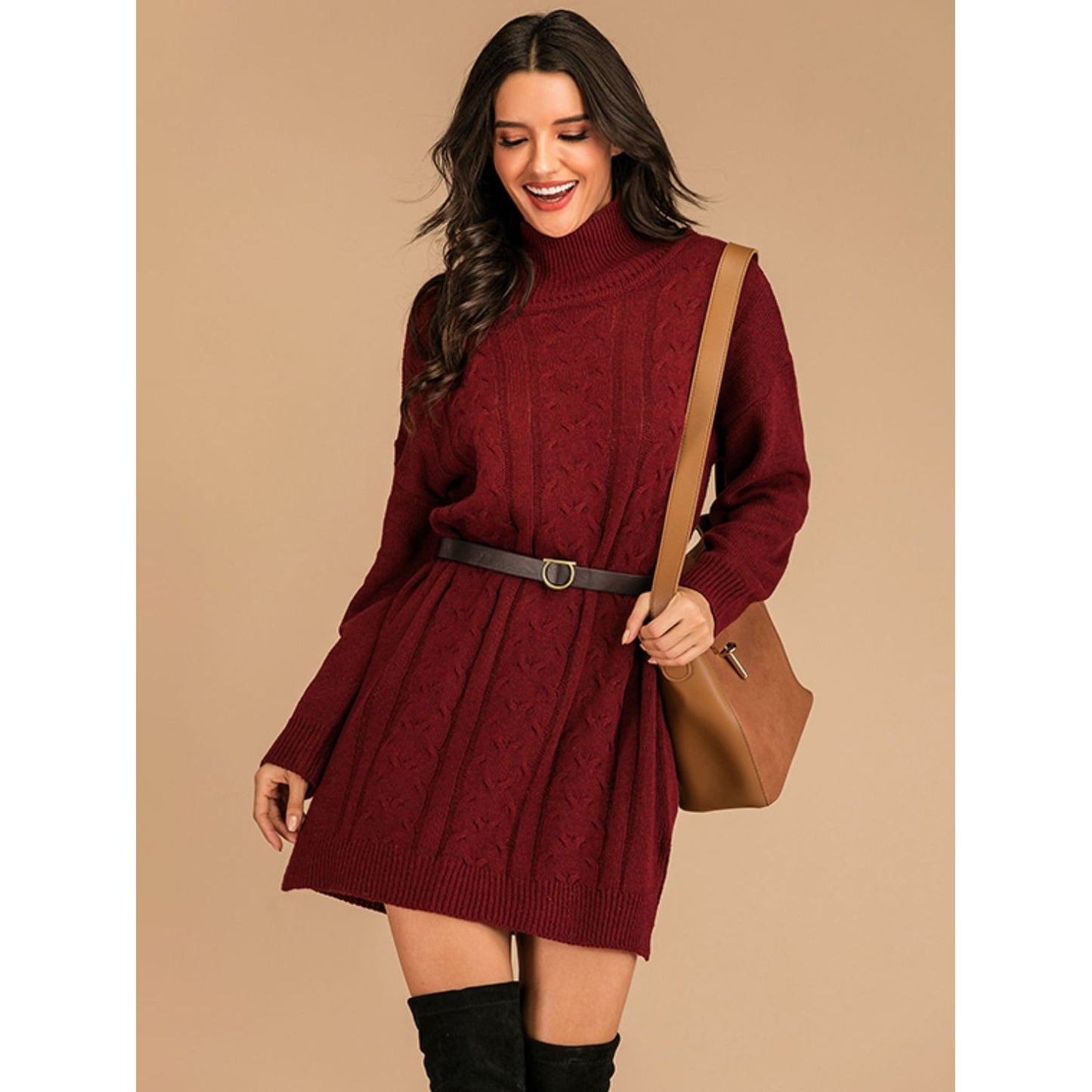 Perfee Slit Turtleneck Long Sleeve Mini Sweater Dress