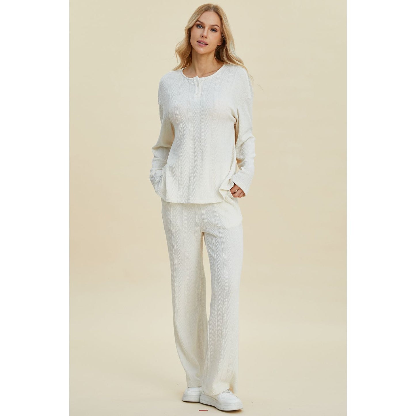 Double Take Full Size Cable-Knit Long Sleeve Top and Pants Set