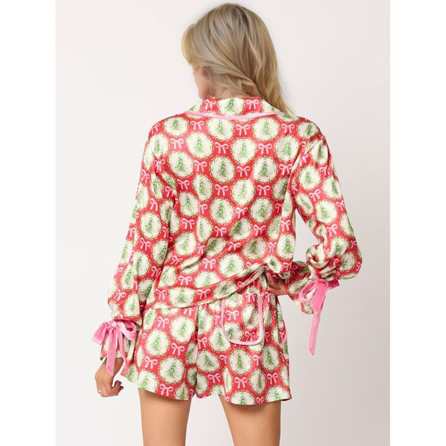 Tied Printed Collared Neck Long Sleeve Top and Shorts Set