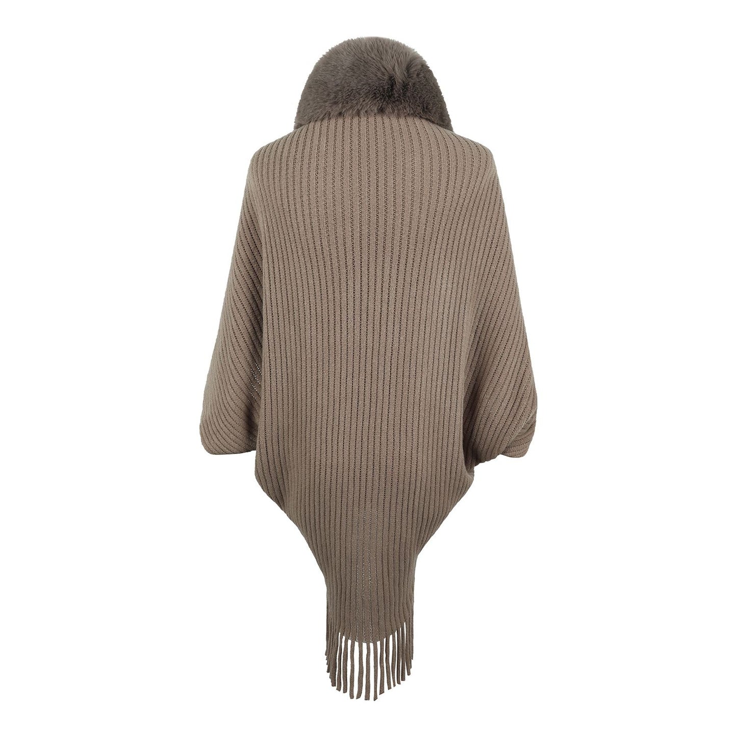 Fringe Detail Long Sleeve Ribbed Poncho