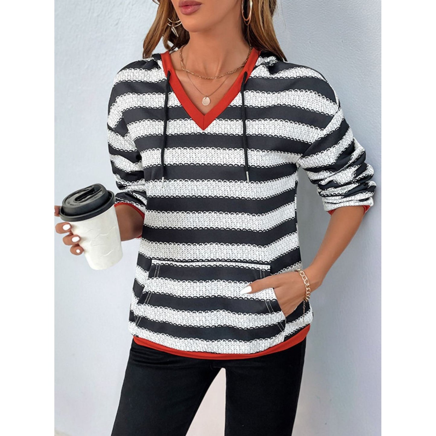 Perfee Contrast Striped Long Sleeve Hoodie