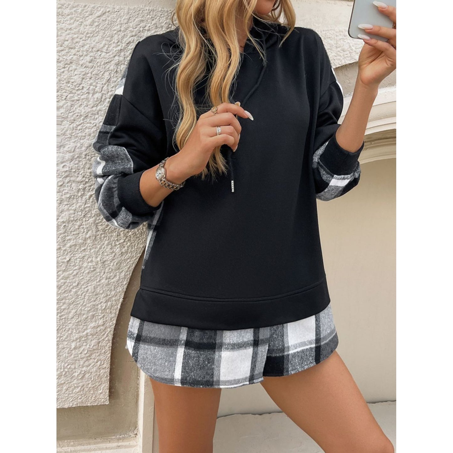 Devine Drawstring Plaid Long Sleeve Hoodie