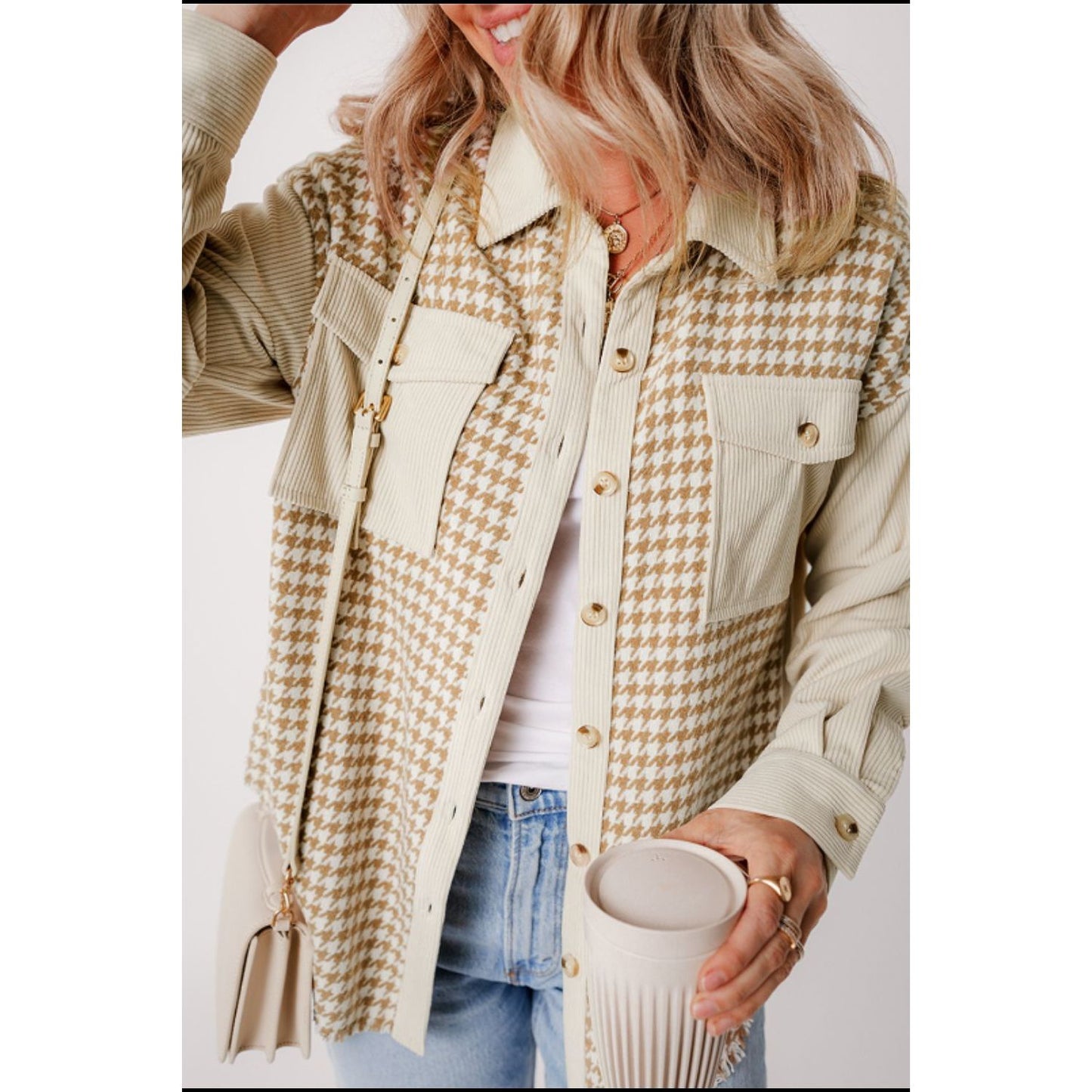 Houndstooth Button Up Long Sleeve Jacket