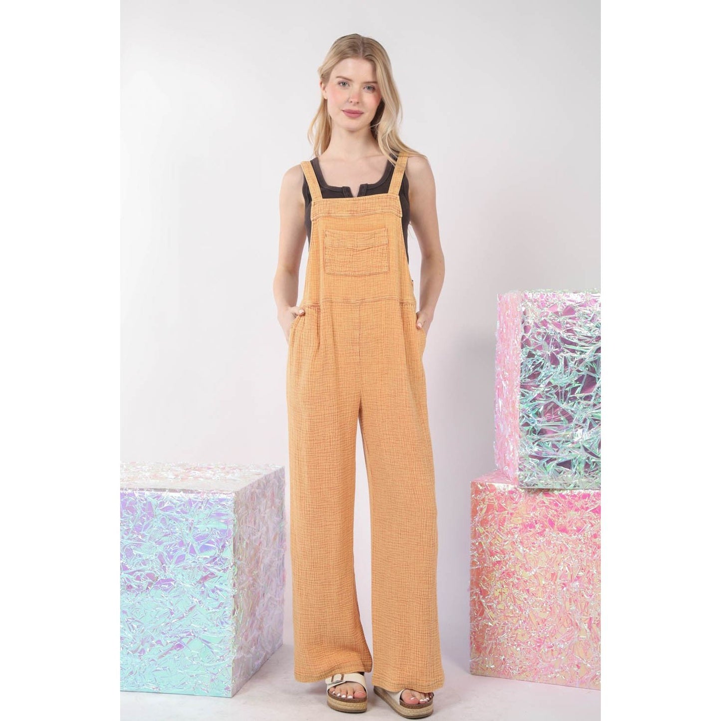 VERY J Texture Washed Wide Leg Overalls