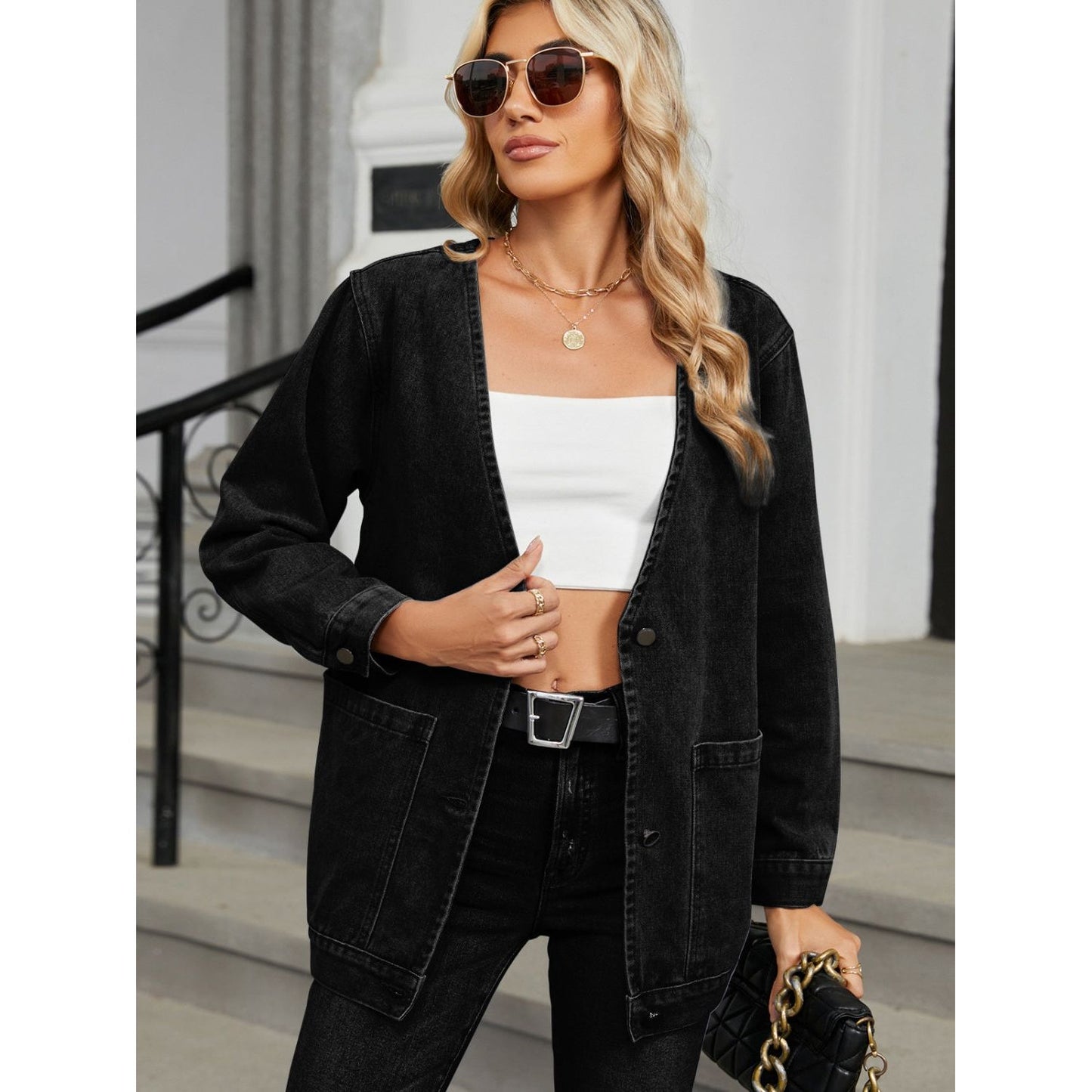 Pocketed V-Neck Button Up Denim Jacket