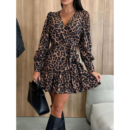 Tied Leopard Surplice Long Sleeve Dress