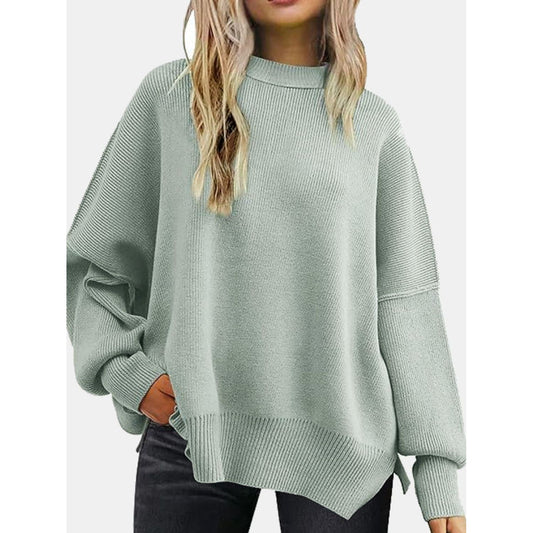 Round Neck Drop Shoulder Slit Sweater