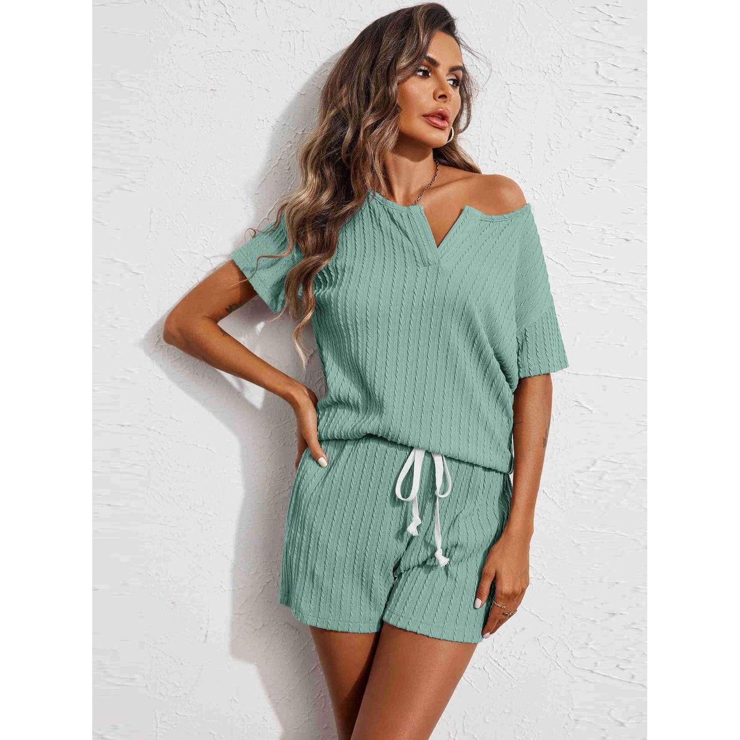 Notched Short Sleeve Top and Shorts Set