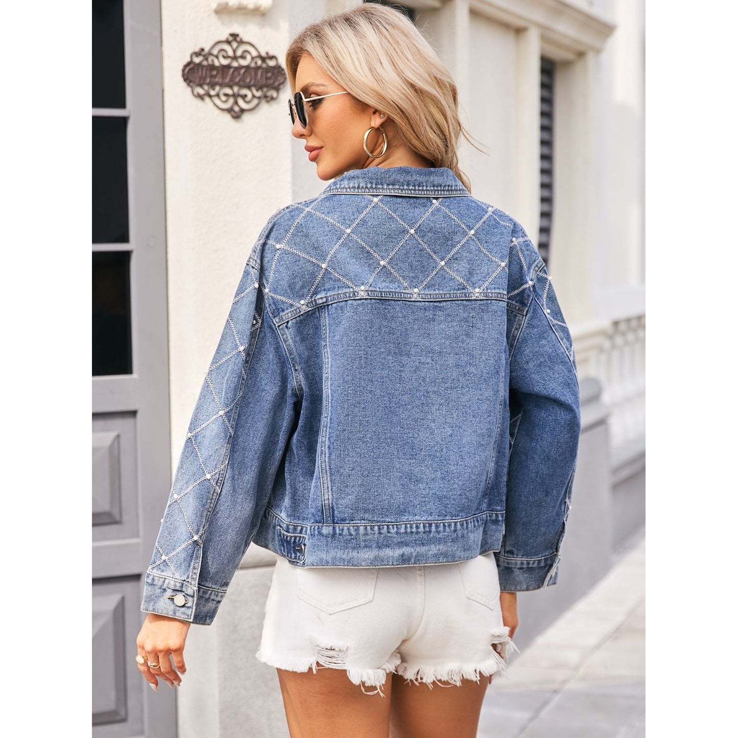 Pearl Trim Long Sleeve Denim Jacket