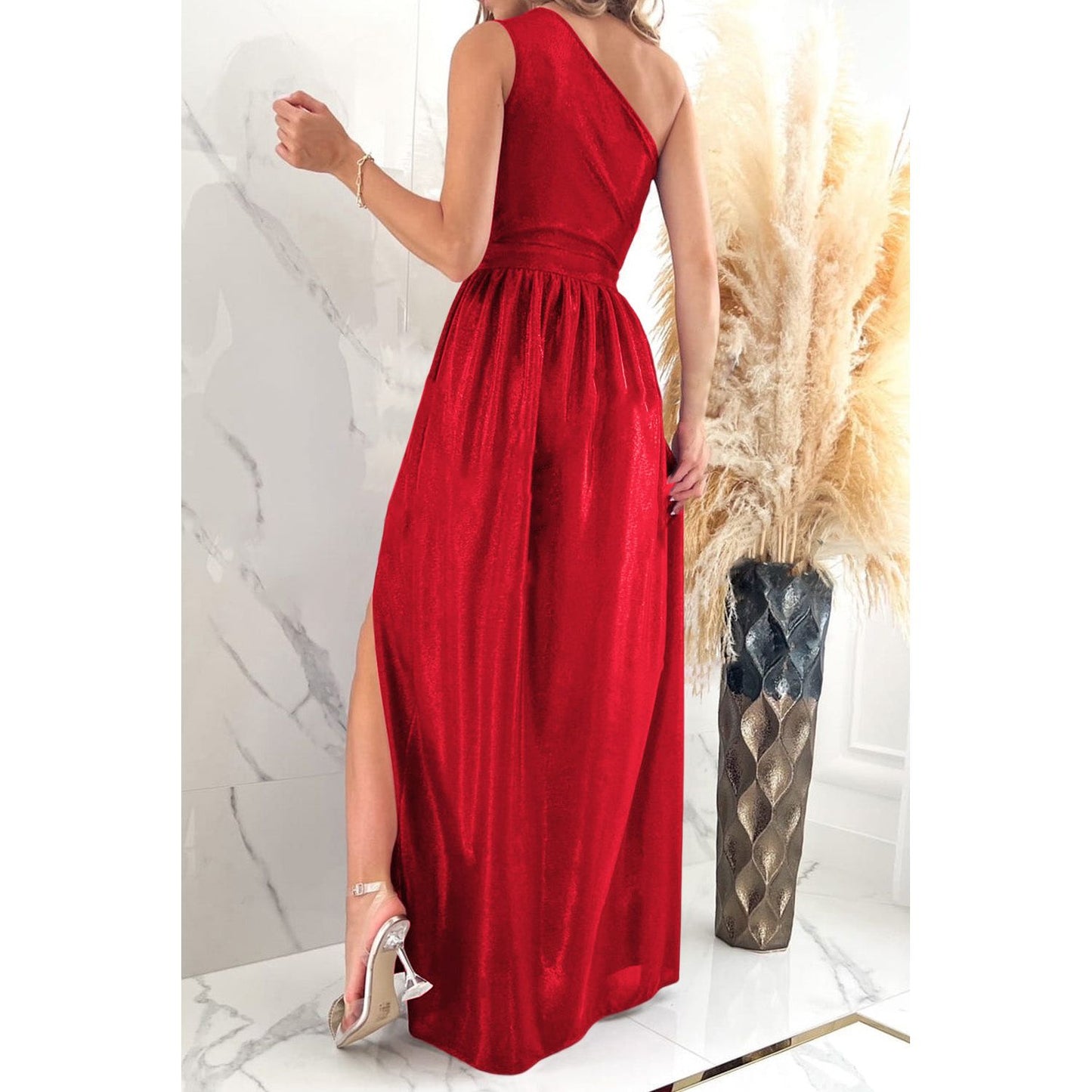 One Shoulder Slit Ruched Maxi Dress