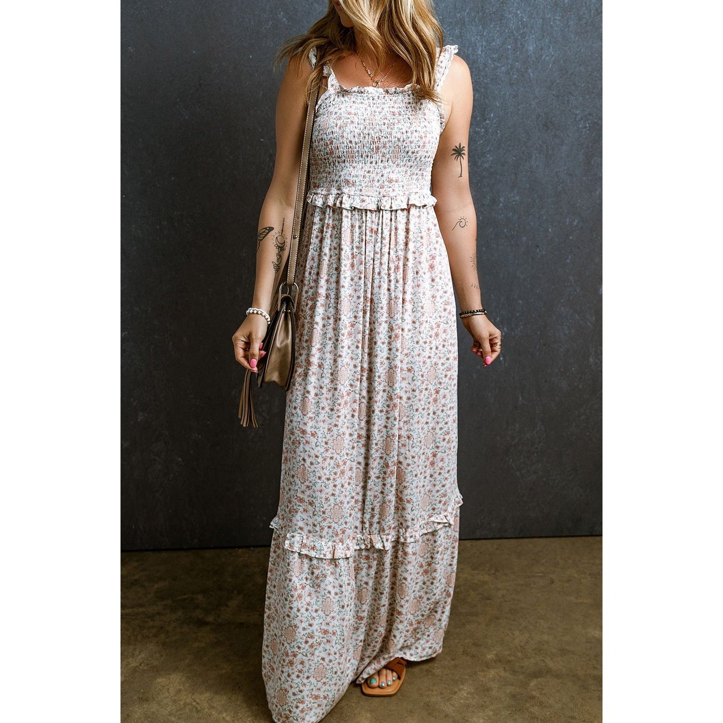 Ruffled Smocked Printed Sleeveless Maxi Dress