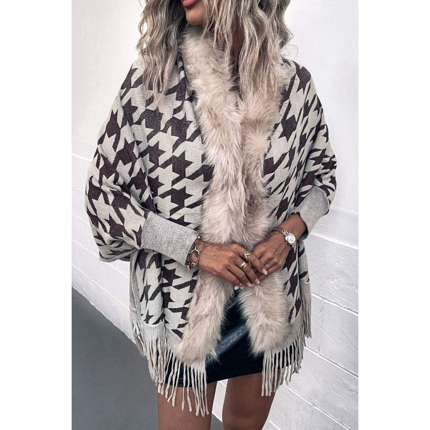 Houndstooth Fringe Hem Poncho