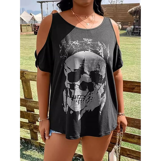 Plus Size Skeleton Graphic Round Neck Cold Shoulder T-Shirt