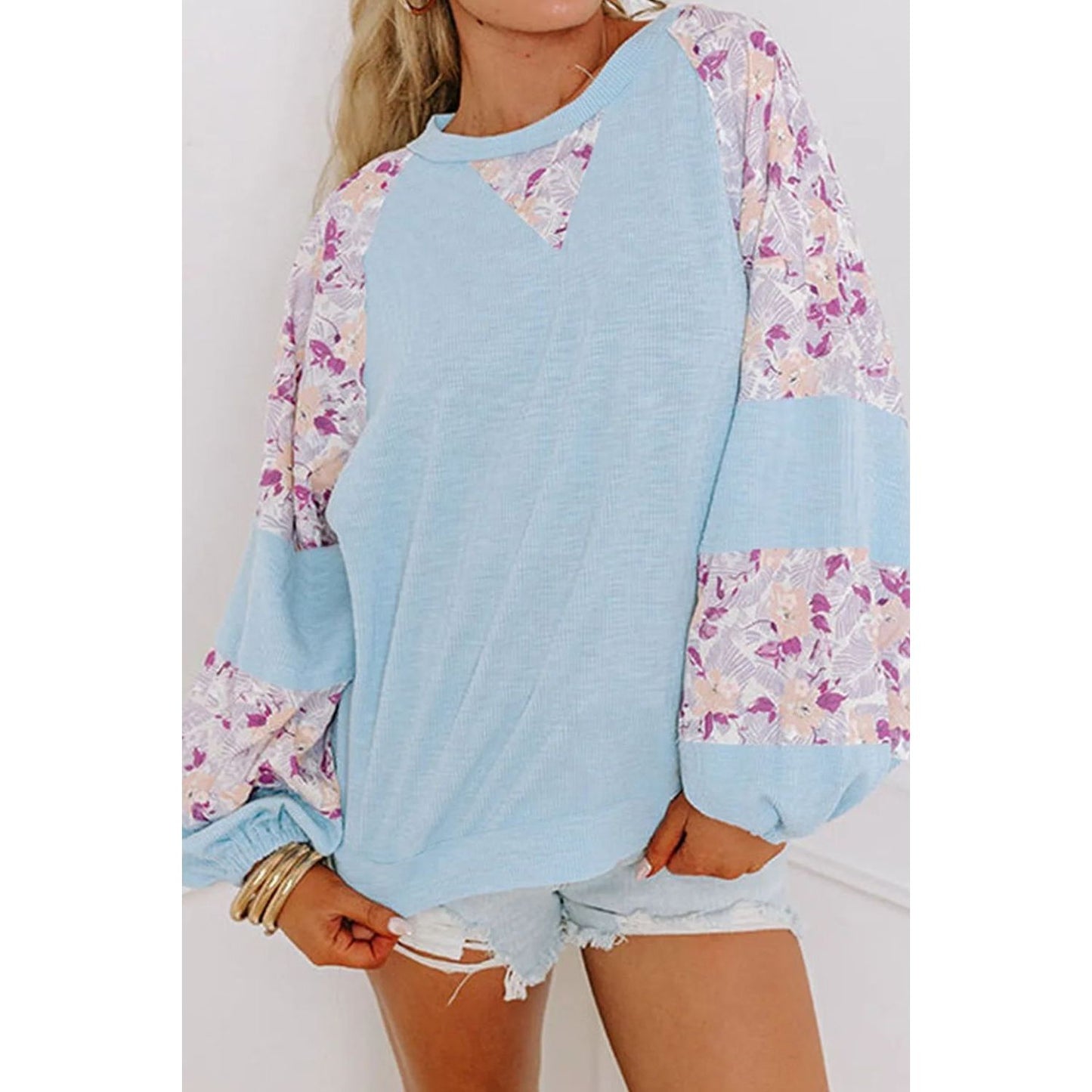 Printed Round Neck Balloon Sleeve Blouse