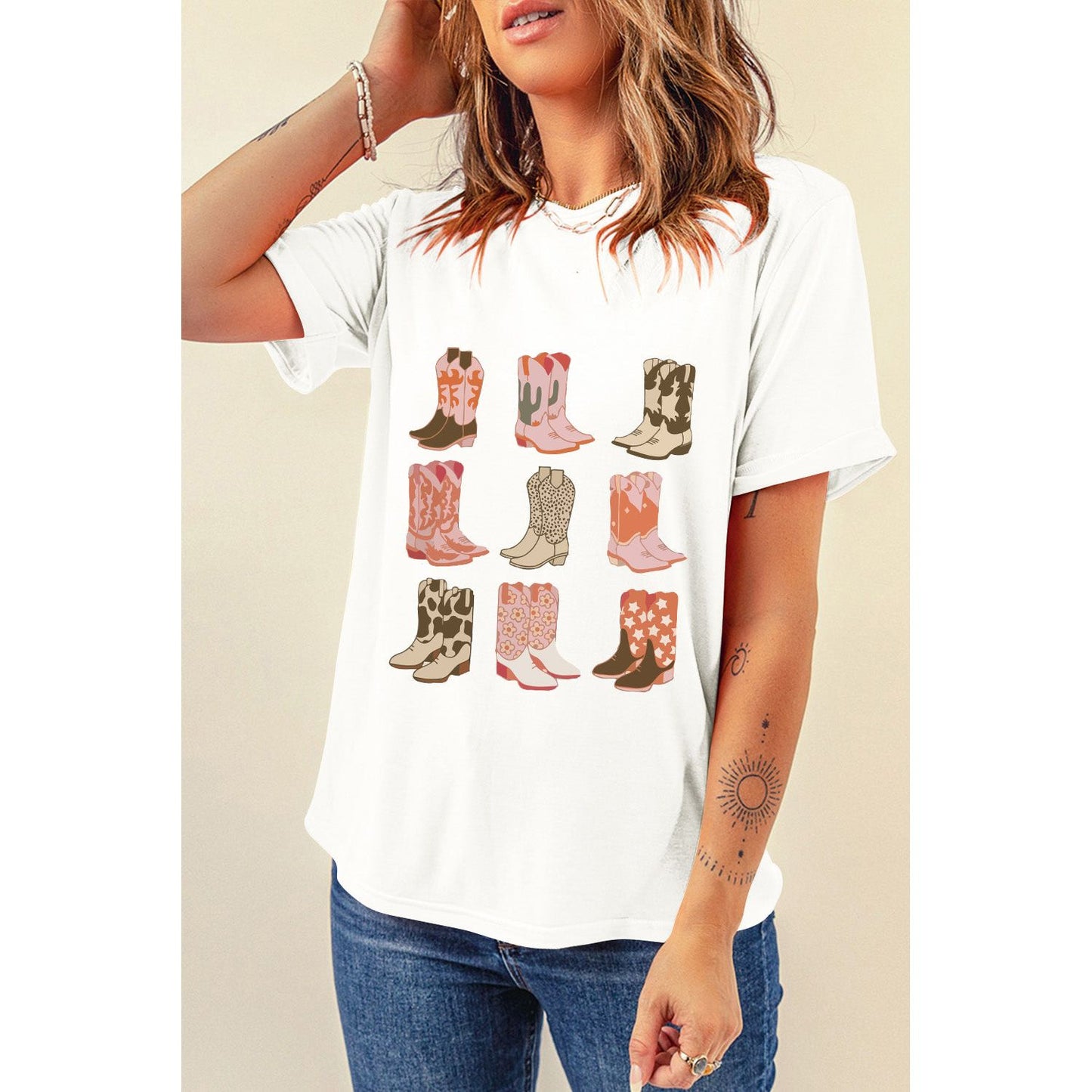 Boot Graphic Round Neck Short Sleeve T-Shirt