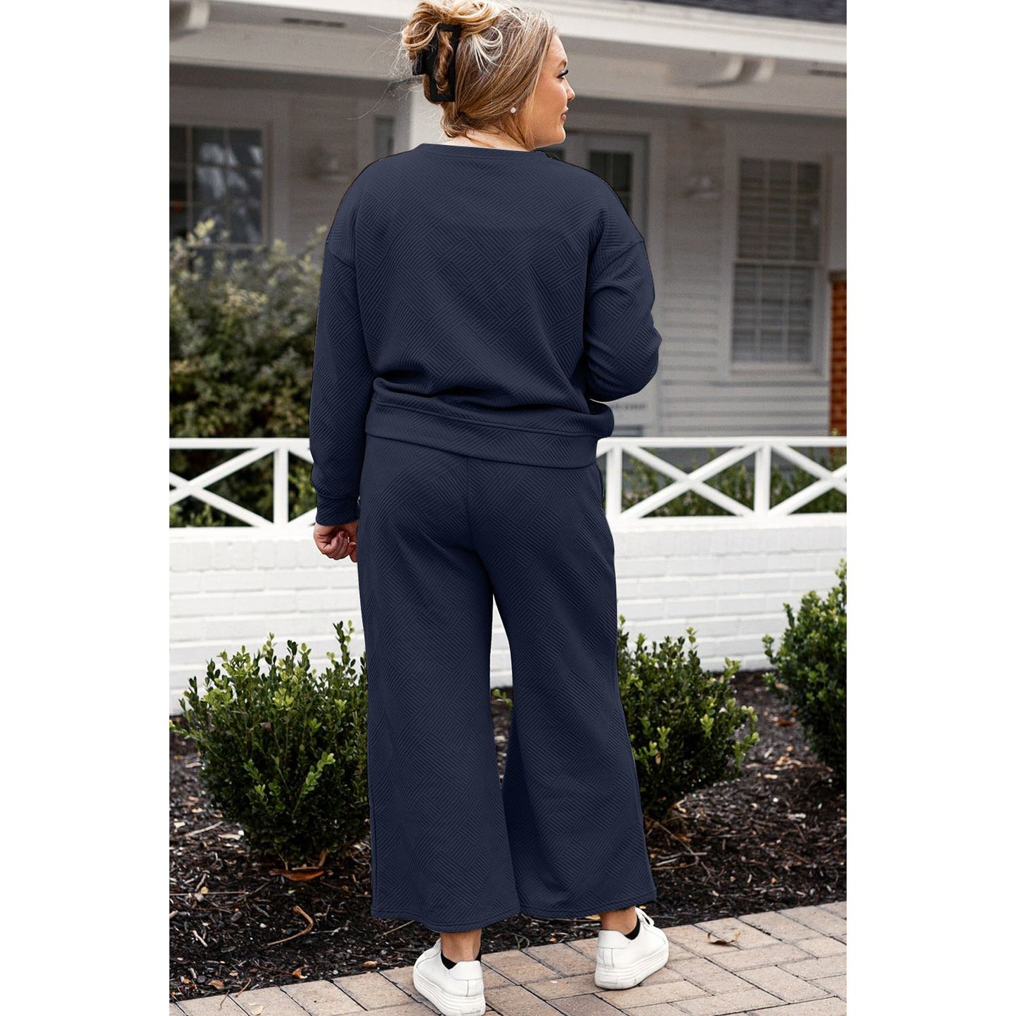 Double Take Full Size Textured Long Sleeve Top and Drawstring Pants Set