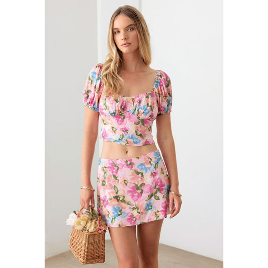 Le Lis Floral Puff Sleeve Crop Top and Mini Skirt Set