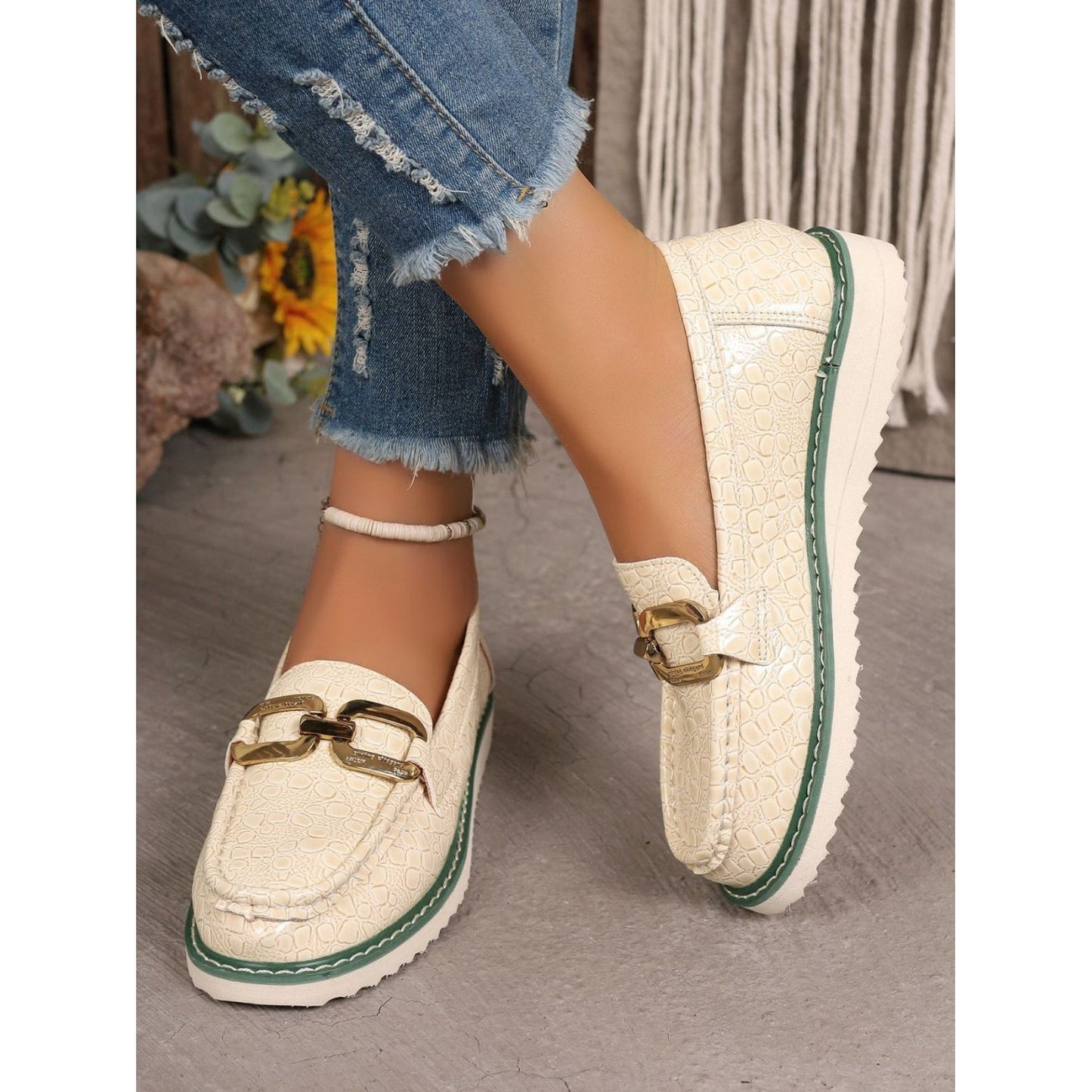 PU Leather Buckle Trim Loafers