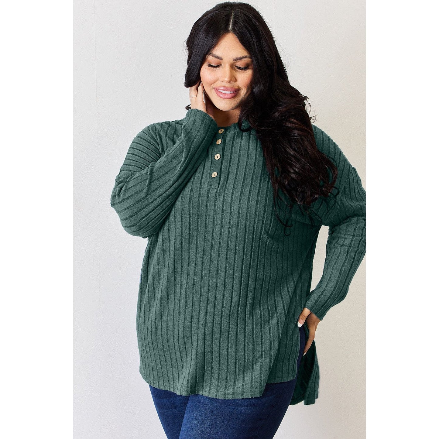 Basic Bae Full Size Ribbed Half Button Long Sleeve High-Low T-Shirt