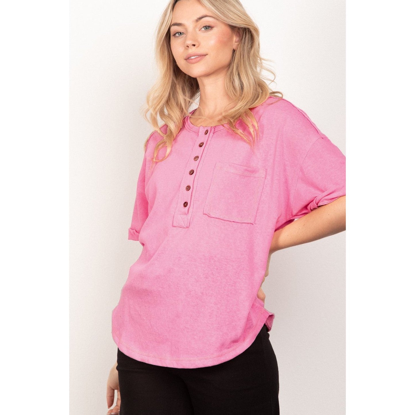 VERY J Twisted Sleeve Band Half Button Top