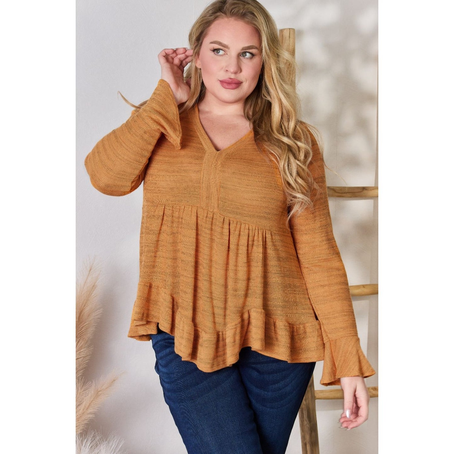 Hailey & Co Full Size V-Neck Flounce Sleeve Blouse