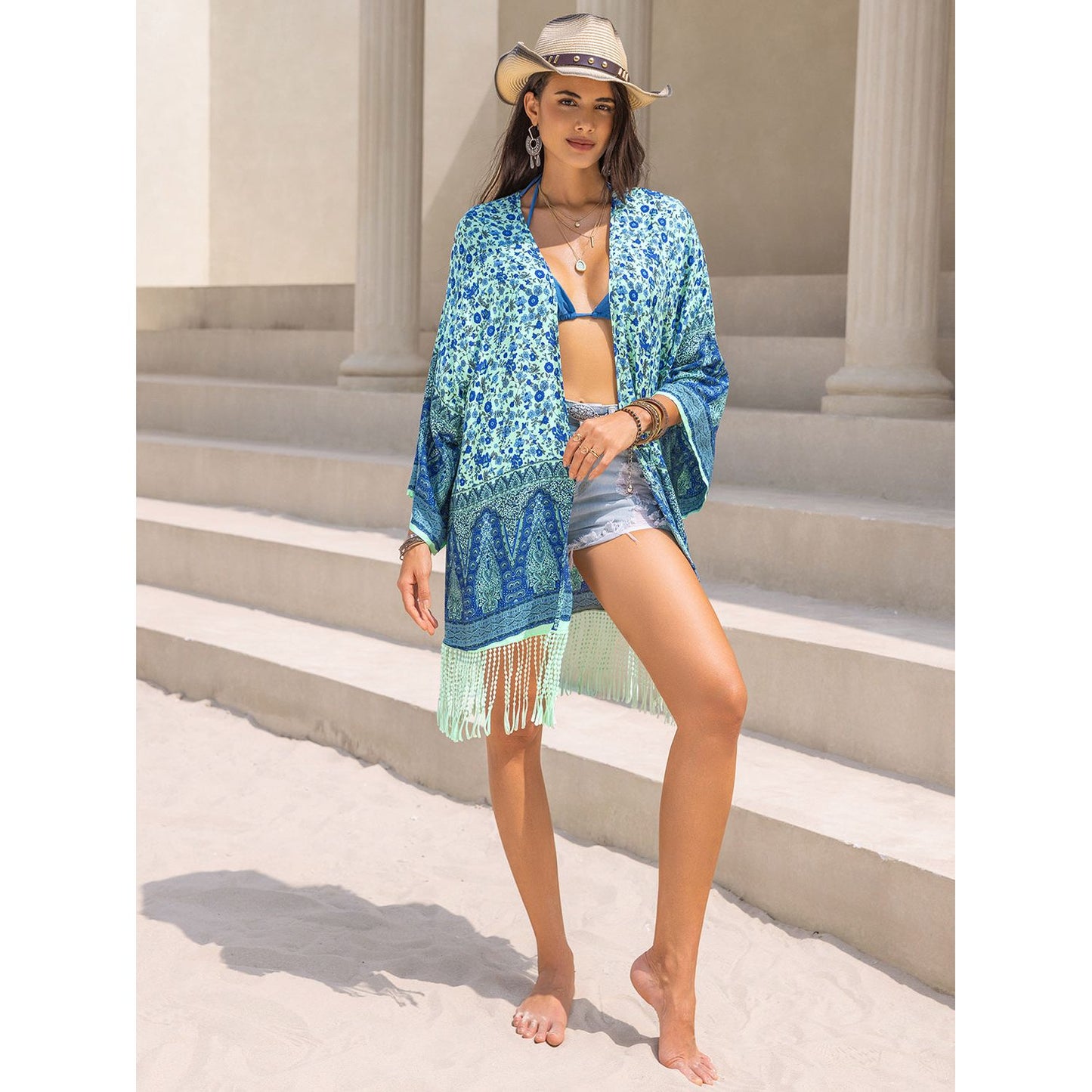 Fringe Printed Open Front Cover-Up