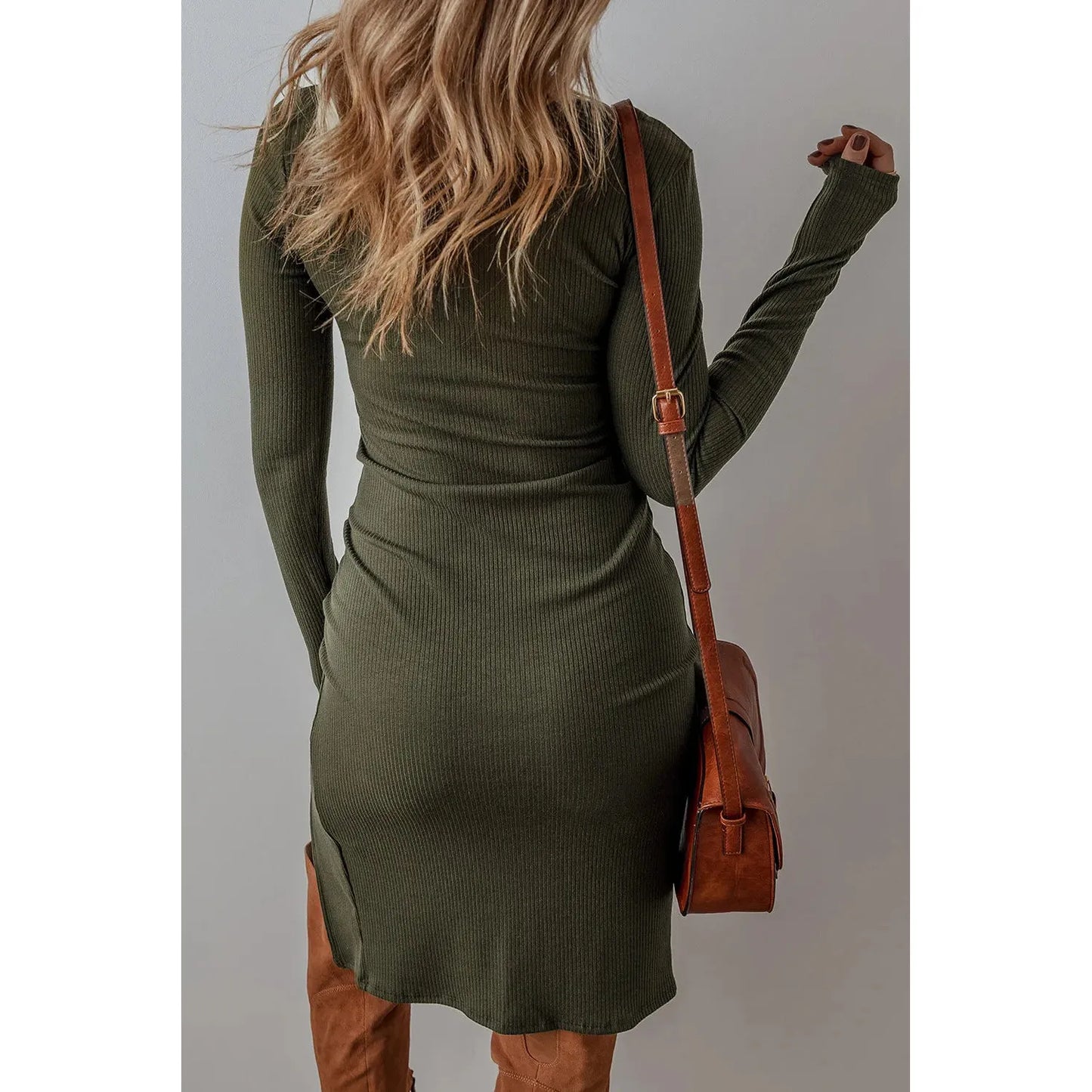 Slit Round Neck Long Sleeve Mini Dress