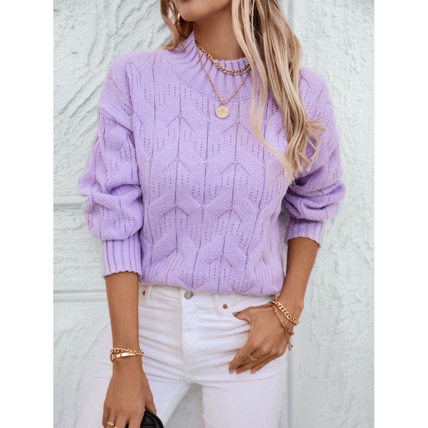 Cable Knit Mock Neck Long Sleeve Sweater