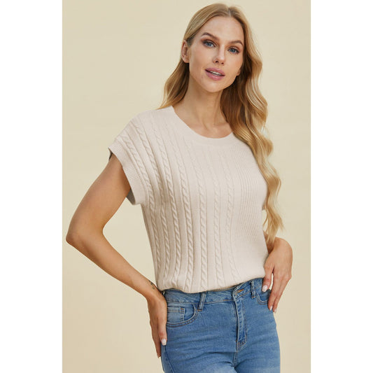 Double Take Full Size Cable-Knit Round Neck Short Sleeve Sweater