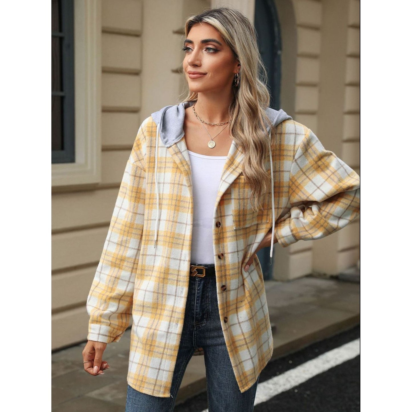 Drawstring Plaid Button Up Hooded Jacket