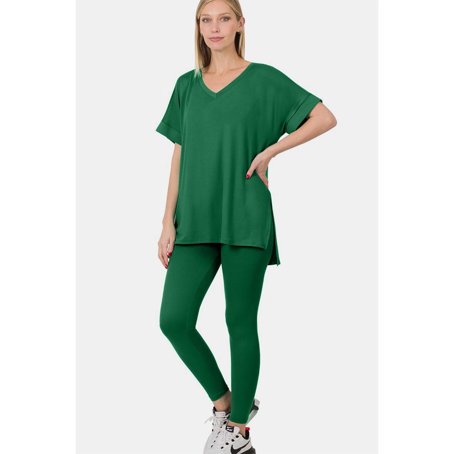 Zenana V-Neck Rolled Short Sleeve T-Shirt and Leggings Lounge Set