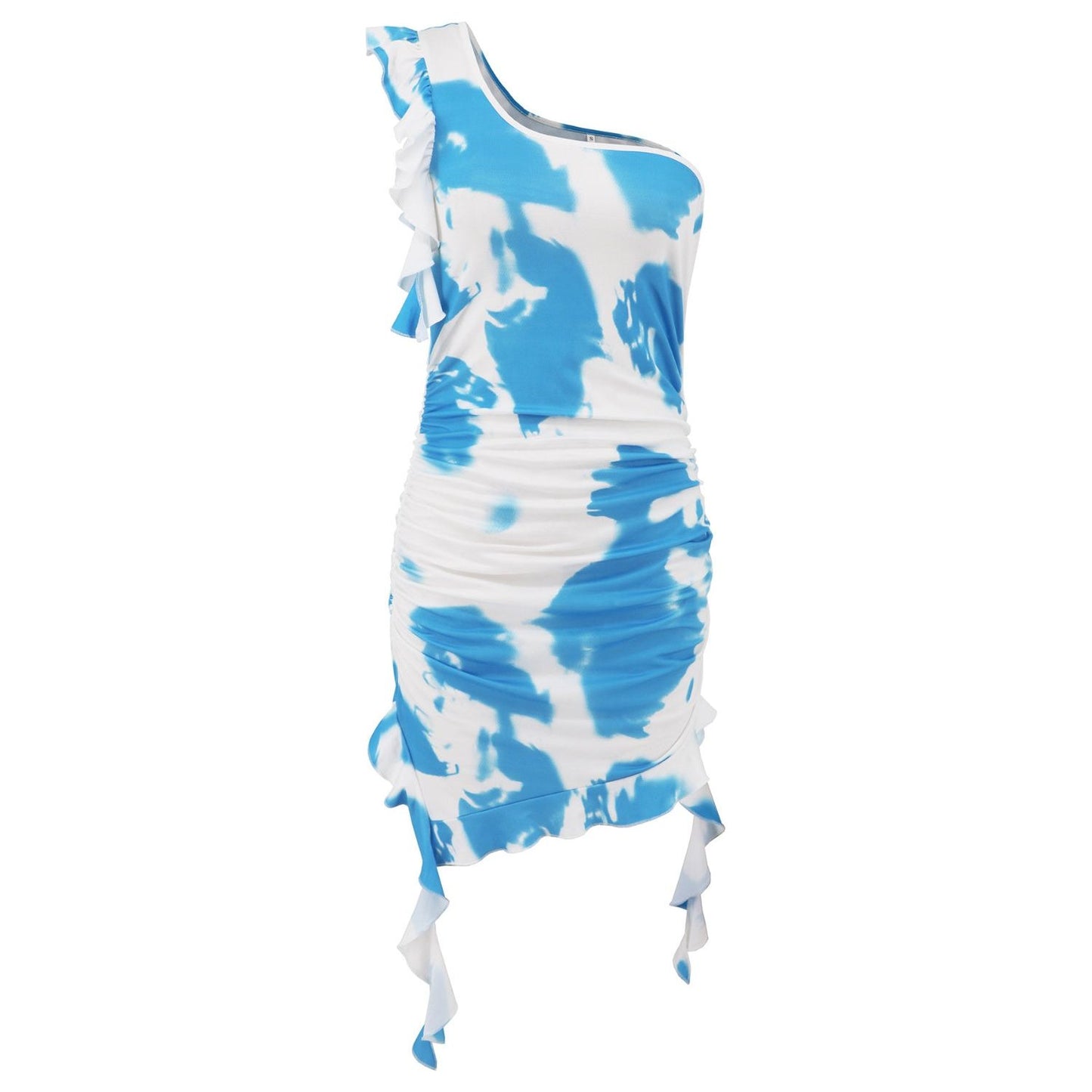 Ruffled Tie-Dye Single Shoulder Mini Dress