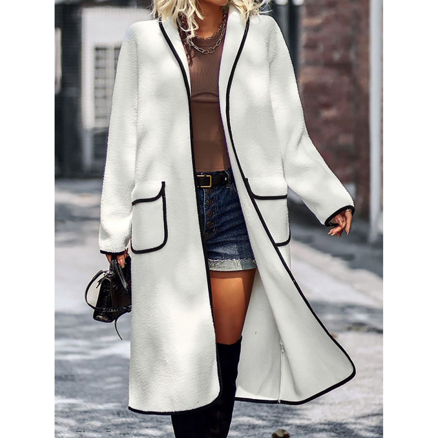 Full Size Contrast Trim Long Sleeve Coat with Pockets