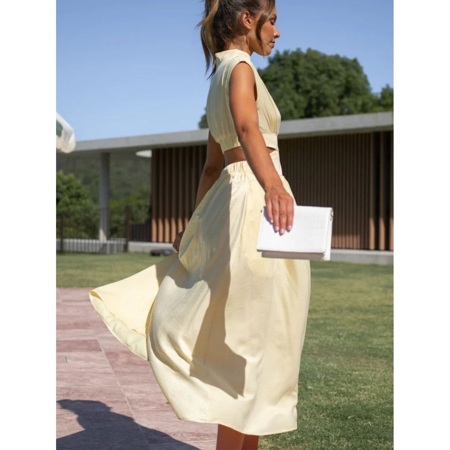 Cutout Mock Neck Sleeveless Ruched Dress