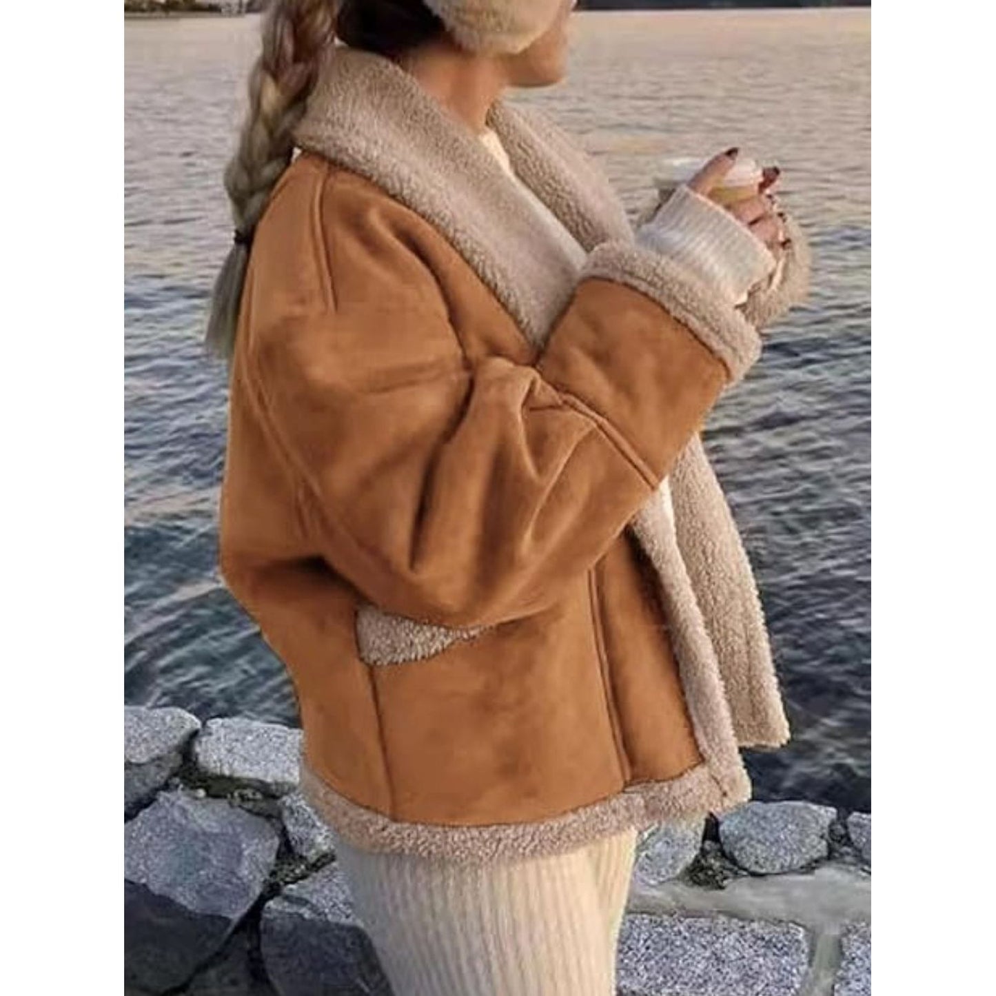 Fuzzy Collared Neck Long Sleeve Jacket