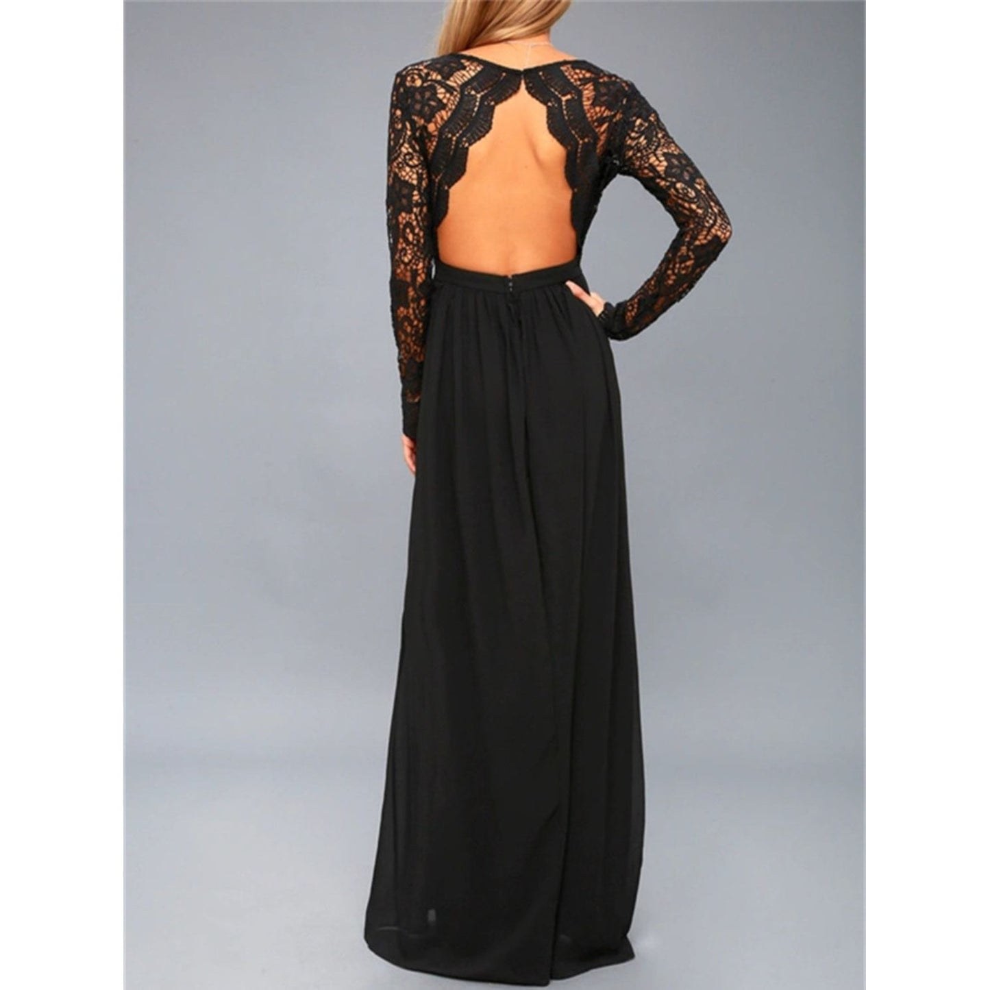 Lace Detail Backless Long Sleeve Maxi Dress