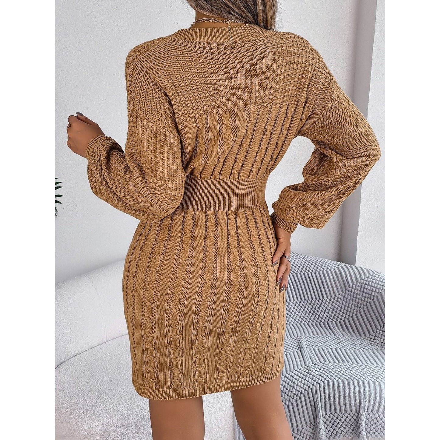 Cable-Knit Cutout Round Neck Slit Sweater Dress