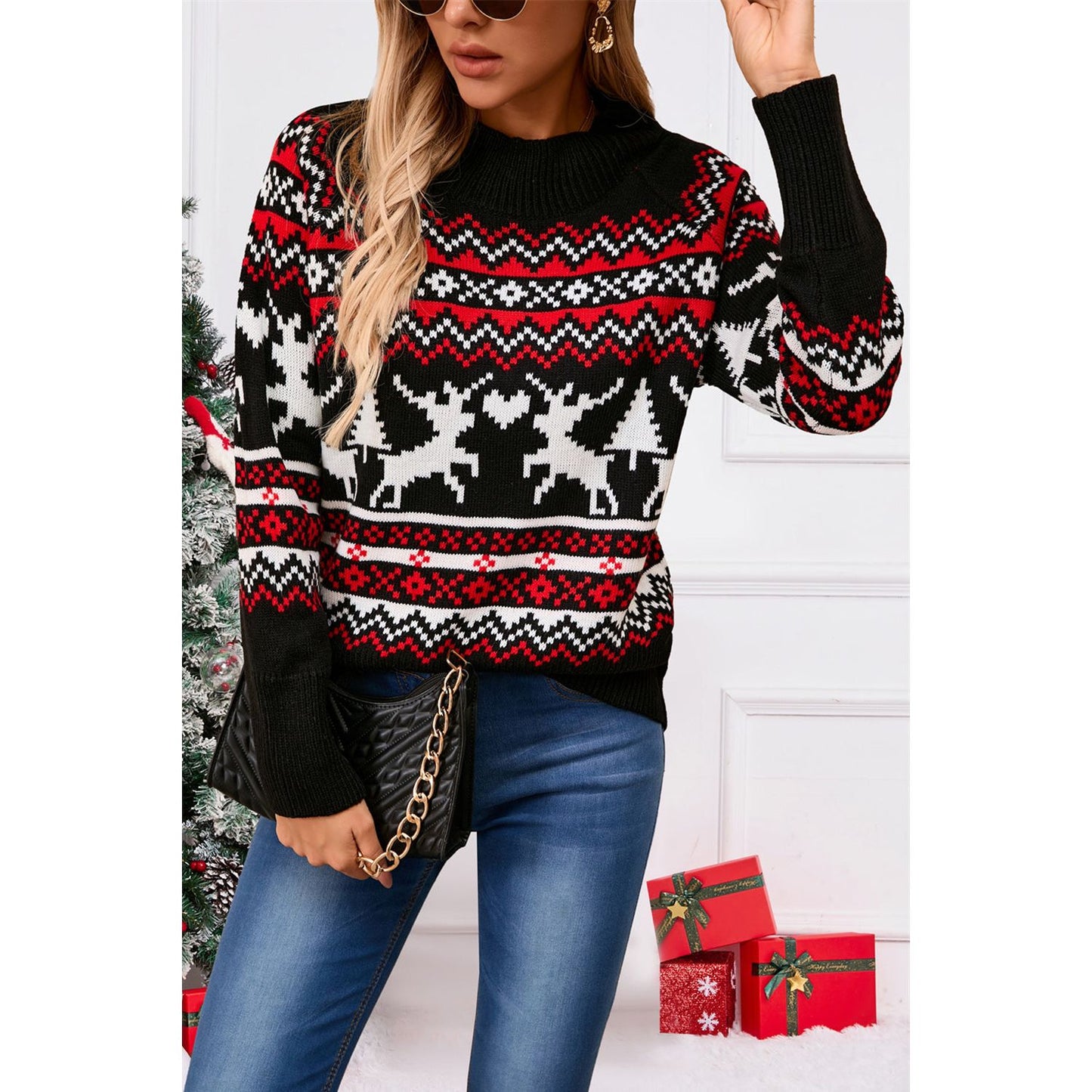 Angel Wings Reindeer Round Neck Long Sleeve Sweater