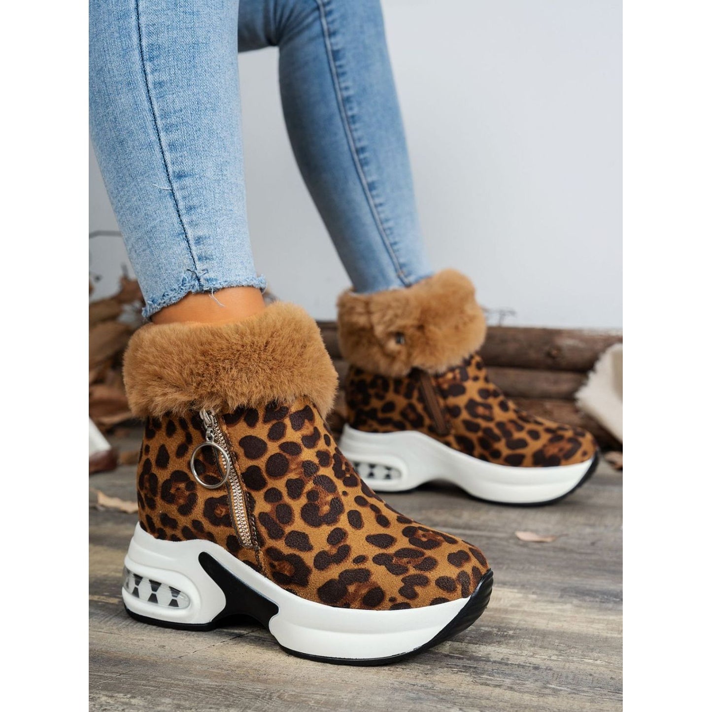 Side Zipper Leopard Platform Boots