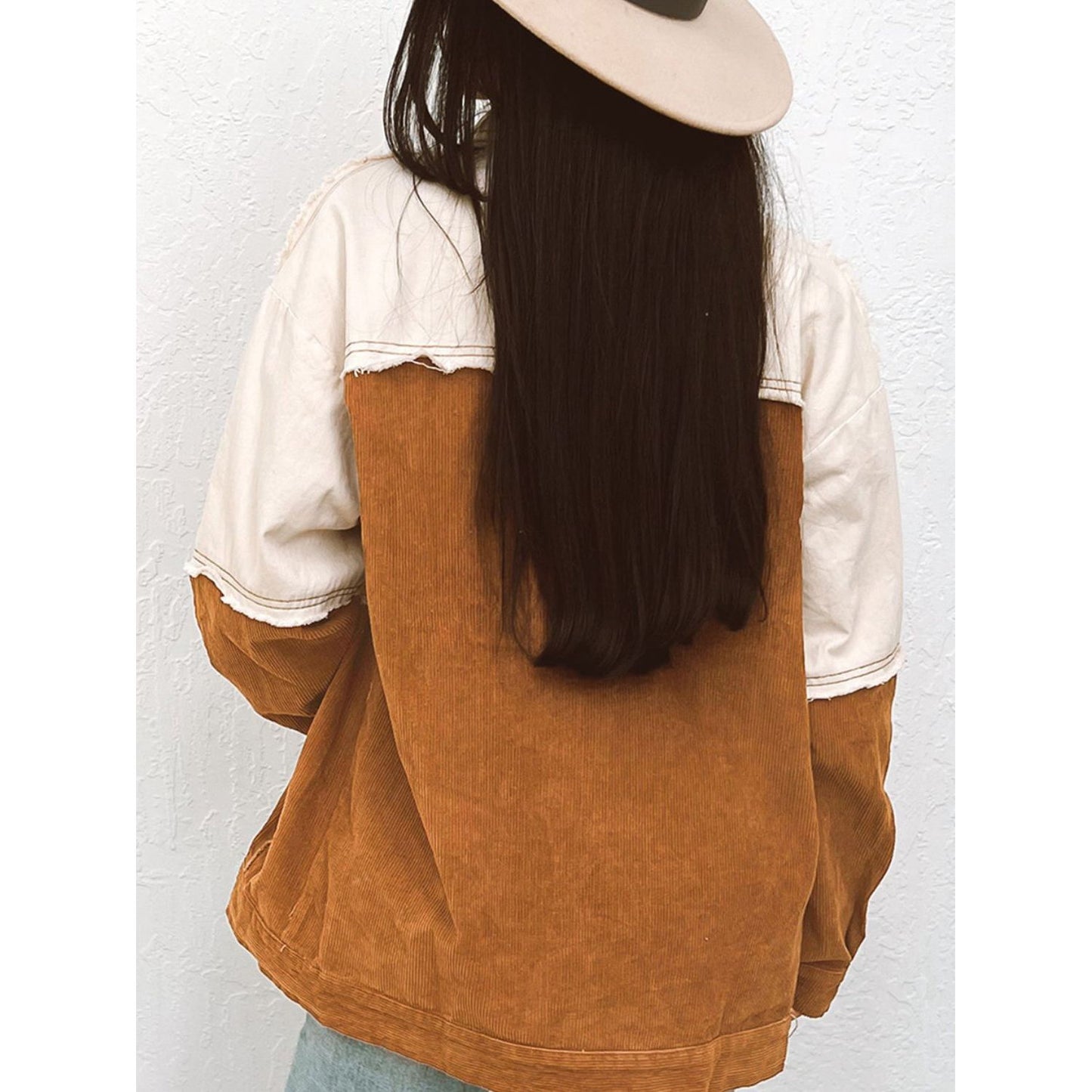 Raw Hem Color Block Button Up Jacket